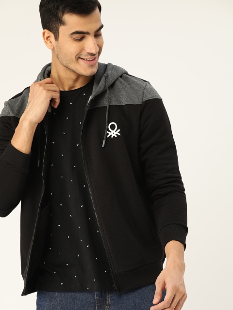 

United Colors of Benetton Men Black & Grey Hooded Sweatshirt
