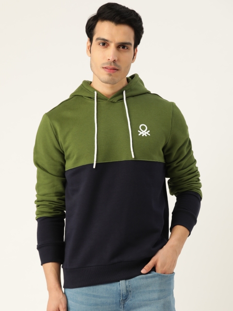 

United Colors of Benetton Men Olive Green & Navy Blue Colourblocked Hooded Sweatshirt