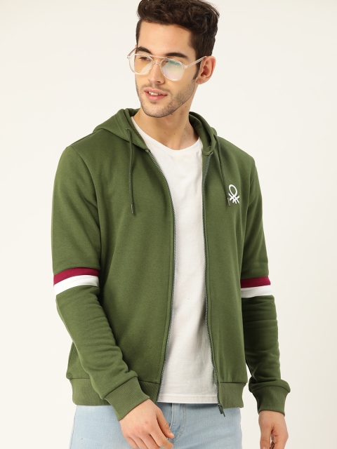 

United Colors of Benetton Men Green Solid Hooded Sweatshirt