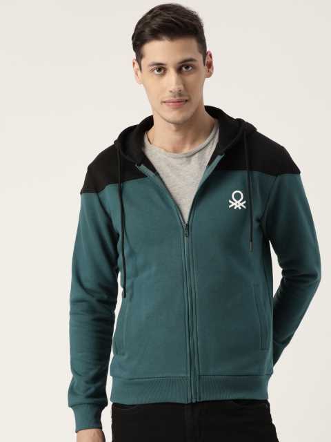 

United Colors of Benetton Men Teal Blue & Black Colourblocked Hooded Sweatshirt