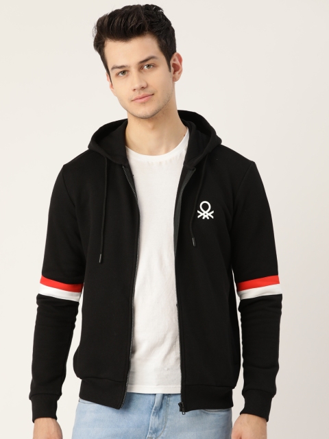 

United Colors of Benetton Men Black Solid Hooded Sweatshirt