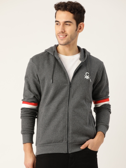 

United Colors of Benetton Men Charcoal Grey Solid Hooded Sweatshirt