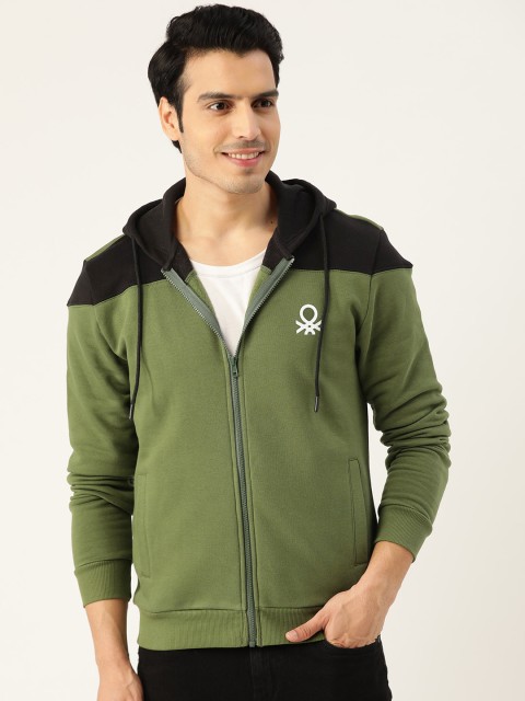 

United Colors of Benetton Men Olive Green & Black Colourblocked Hooded Sweatshirt