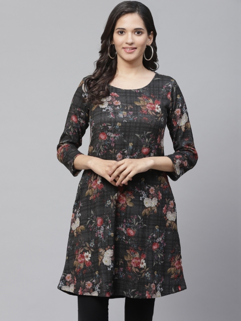 

Biba Women Charcoal Grey & Red Floral Printed Knitted Winter A-Line Kurta
