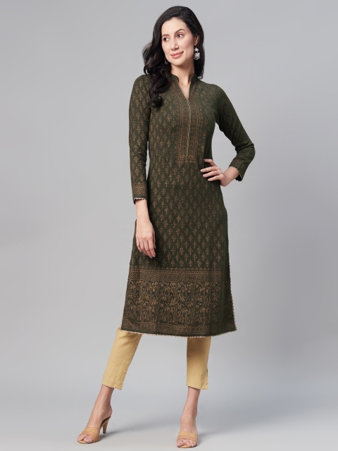 

Biba Women Olive Green & Beige Ethnic Motifs Printed Winter Kurta