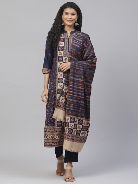 

Biba Women Navy Blue & Beige Woven Design Winter Kurta with Palazzos & Dupatta