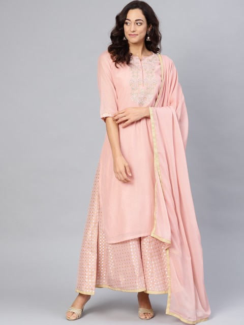 

Biba Women Peach-Coloured Yoke Design Kurta with Palazzos & Dupatta