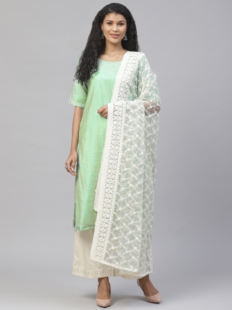 

Biba Women Sea Green & Off-White Yoke Design Kurta with Palazzos & Dupatta