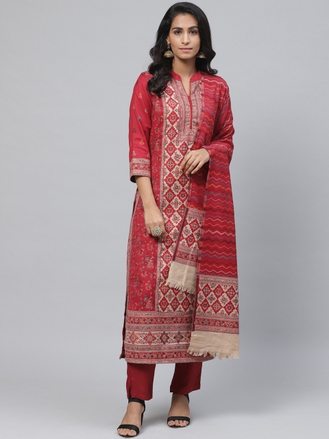 

Biba Women Maroon & Beige Printed Kurta with Trousers & Dupatta