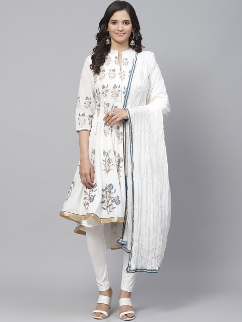 

Biba Women White & Blue Printed Kurta with Churidar & Dupatta