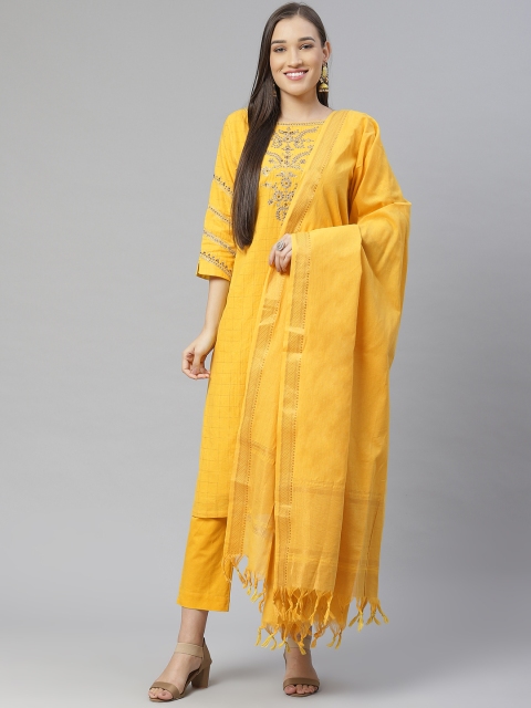 

Biba Women Mustard Yellow Checked Kurta with Trousers & Dupatta