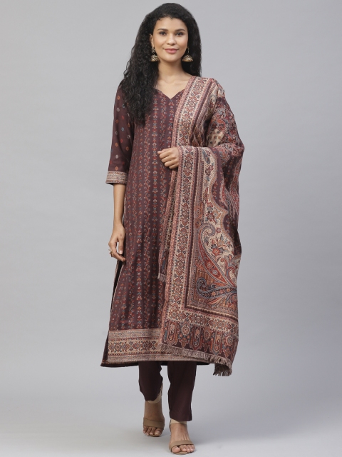 

Biba Women Burgundy Printed Kurta with Trousers & Dupatta