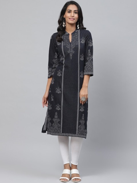 

Biba Women Navy Blue & Off-White Printed Straight Winter Kurta