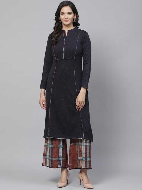 

Biba Women Navy Blue & Rust Brown Solid Winter Kurta with Palazzos