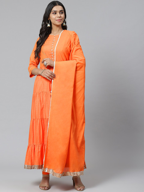 

Biba Women Orange & Golden Embellished Tiered Anarkali Kurta with Leggings & Dupatta