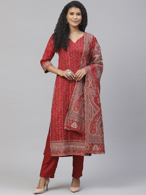 

Biba Women Red & Beige Woven Design Winter Kurta with Trousers & Dupatta