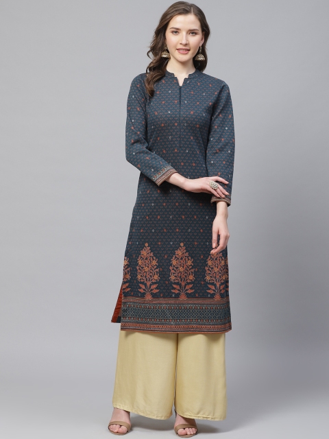 

Biba Women Teal Blue & Orange Printed Straight Winter Kurta
