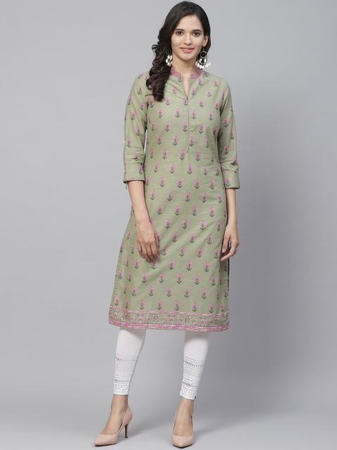 

Biba Women Olive Green & Pink Ethnic Motifs Print Straight Pure Cotton Kurta