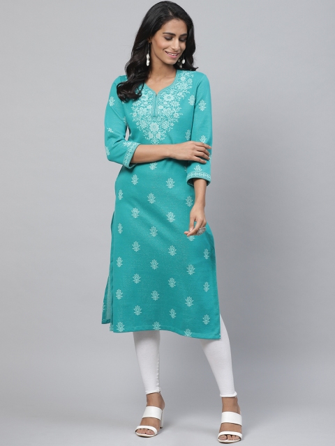 

Biba Women Blue & White Printed Straight Winter Kurta, Turquoise blue