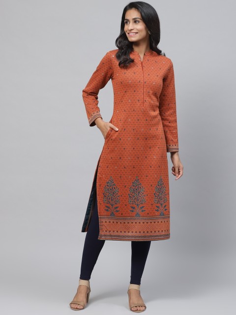 

Biba Women Rust Orange & Teal Blue Printed Straight Winter Kurta
