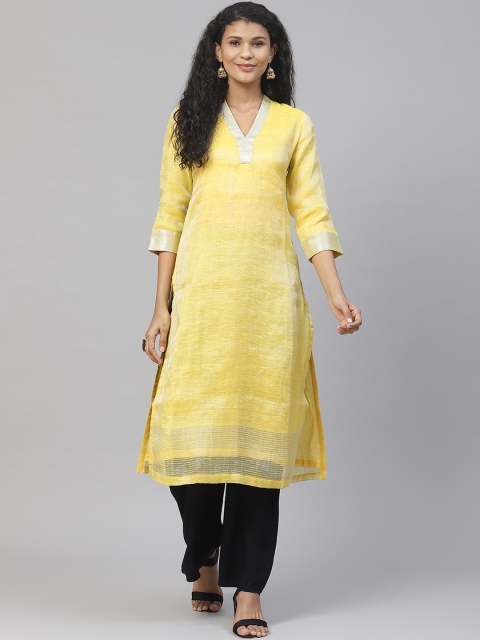 

Biba Women Yellow Solid A-Line Kurta With Sheen Effect