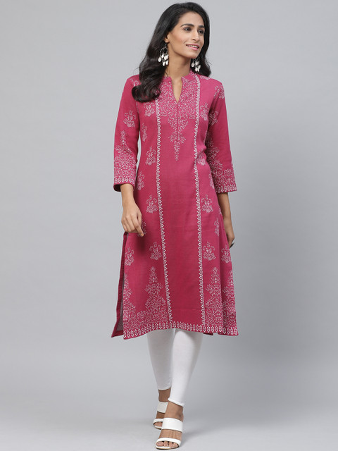 

Biba Women Magenta & White Woven Design Winter A-Line Kurta