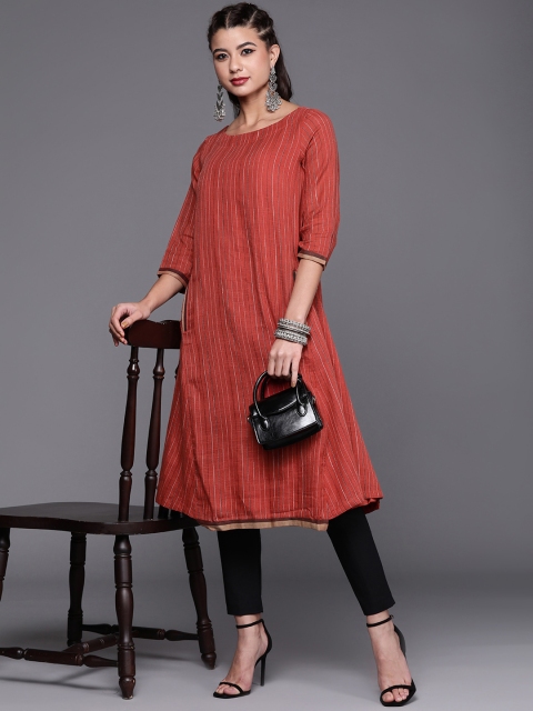 

Biba Women Rust Brown & Black Striped Kurta