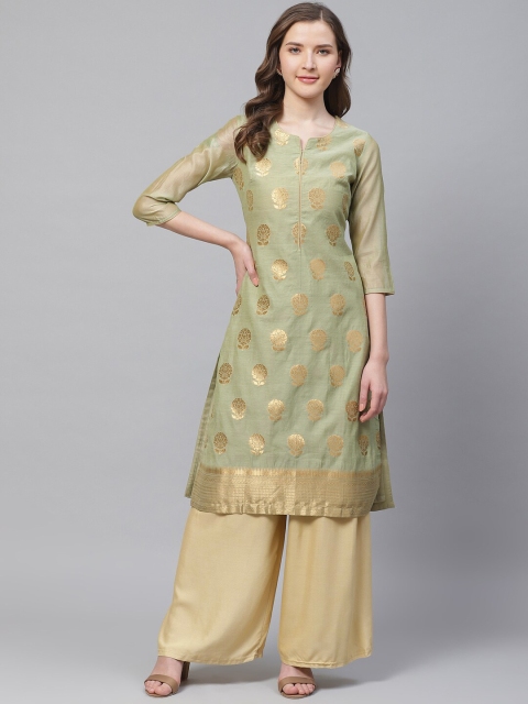 

Biba Women Green & Golden Printed Straight Kurta