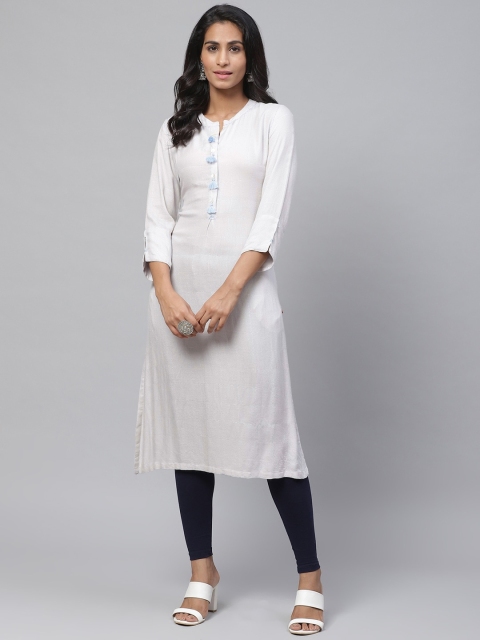 

Biba Women Off-White & Silver Checked Straight Kurta
