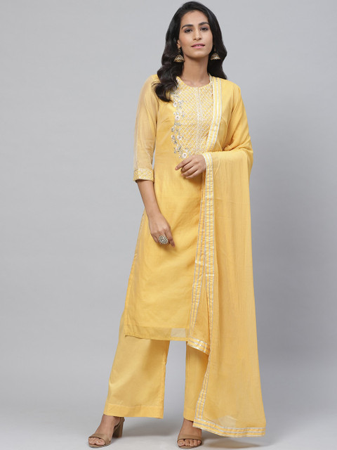 

Biba Women Yellow Yoke Design Kurta with Palazzos & Dupatta