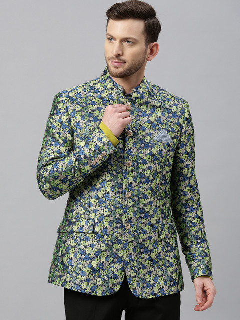 

Theme Men Navy Blue and Multi-Color Floral Printed Slim-Fit Single-Breasted Formal Blazer