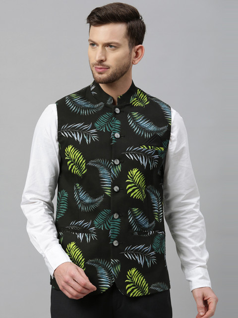

Theme Men Black Printed Pure Cotton Nehru Jacket