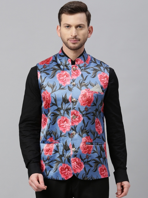 

Theme Men Blue & Red Slim Fit Floral Printed Nehru jacket