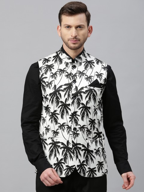 

Theme Men White & Black Slim Fit Tropical Printed Nehru jacket