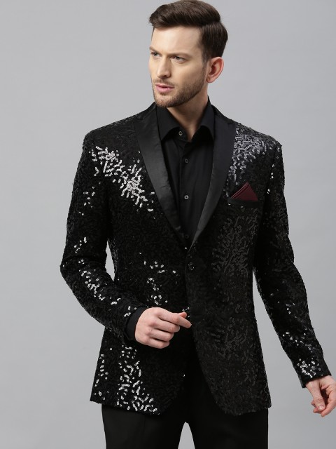 

Theme Men Black Solid Embellished Slim-Fit Single-Breasted Formal Blazer