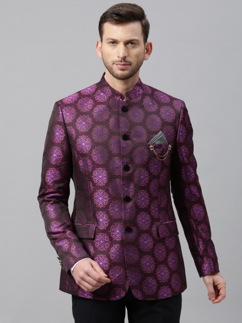 

Theme Men Black & Purple Slim Fit Woven Design Single-Breasted Bandhgala Blazer
