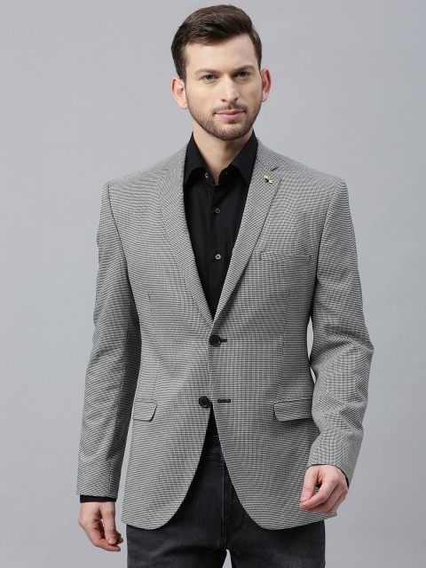 

Theme Men Black and White Printed Slim-Fit Single-Breasted Formal Blazer