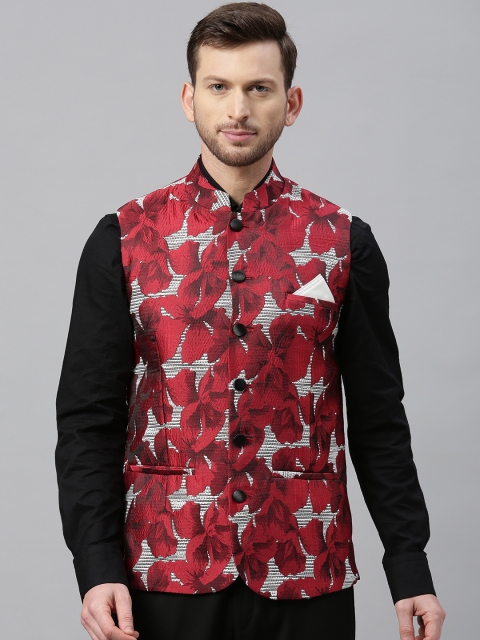 

Theme Men Maroon & Off-White Slim Fit Floral Printed Nehru jacket