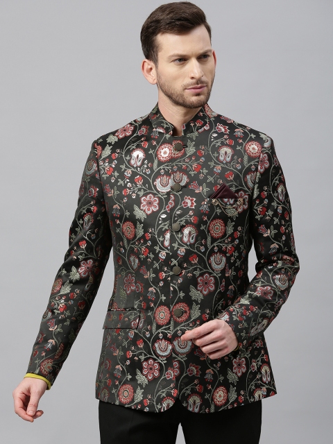 

Theme Men Black & Red Woven Design Fitted Bandhgala Smart Casual Blazer