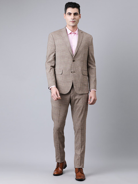 

SUITLTD Men Beige & Maroon Checked Regular Fit Single-Breasted Formal Suit