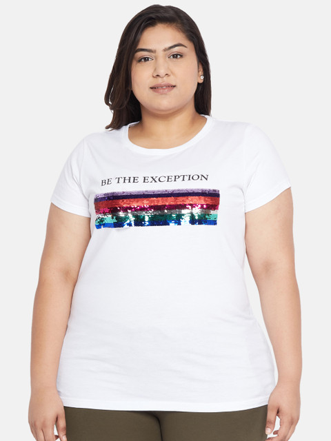 

aLL Women White Printed Round Neck T-shirt With Sequined Detailing