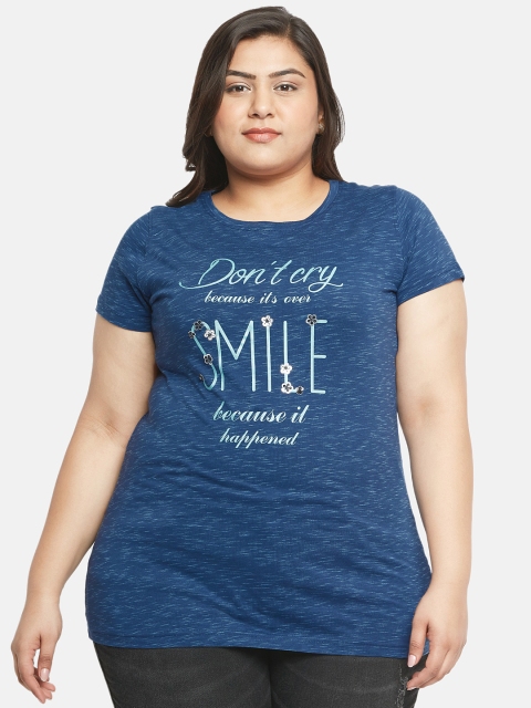

aLL Plus Size Women Blue Printed Round Neck T-shirt with Embellishments