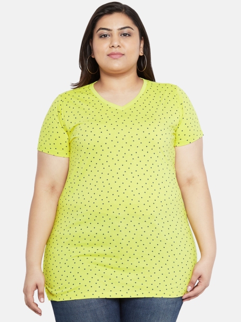 

aLL Plus Size Women Lime Green & Blue Printed V-Neck T-shirt