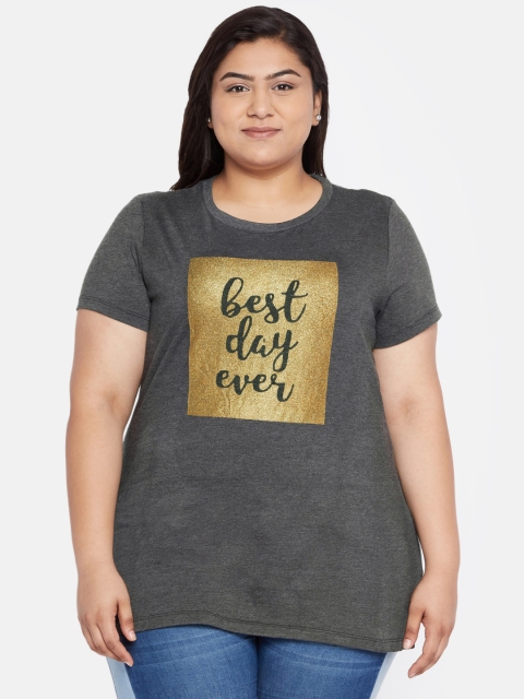 

aLL Women Charcoal Grey & Gold-Toned Printed Round Neck T-shirt