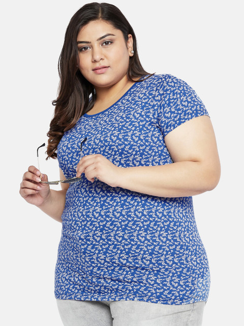 

aLL Women Blue & White Floral Printed Round Neck T-shirt