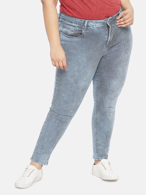 

aLL Plus Size Women Blue & White Slim Fit Mid-Rise Striped Jeans