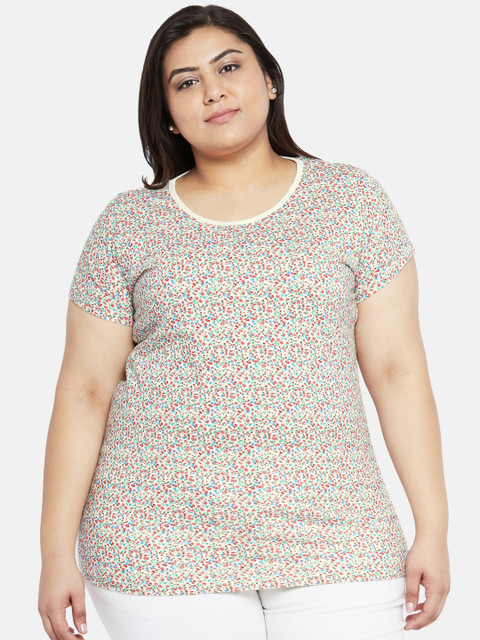 

aLL Women Off-White & Pink Floral Printed Round Neck T-shirt