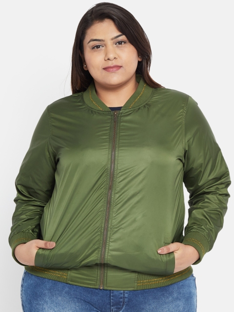 

aLL Plus Size Women Olive Green Solid Bomber Jacket