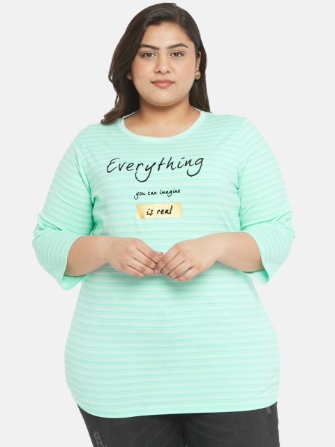 

aLL Women Sea Green Striped Round Neck T-shirt With Printed Detailing