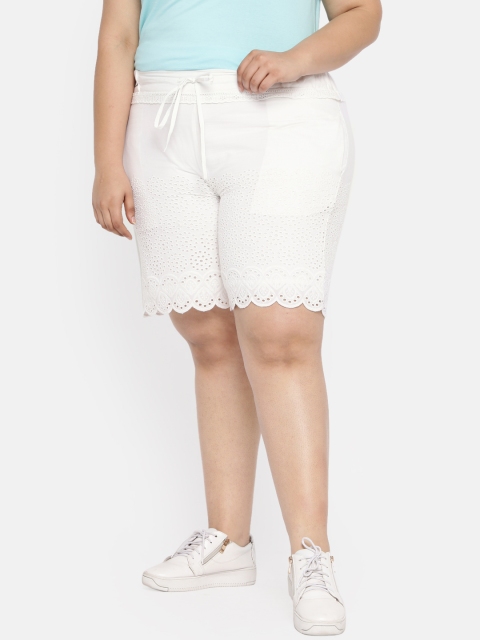 

aLL Plus Size Women White Self Design Regular Fit Regular Shorts with Lace Inserts